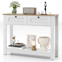 Houten Console Tafel met 2 Lades 2 Niveaus Smalle Hal Tafel Entreetafel Bijzettafel Wit
