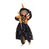 Creation decoratie heksen pop - vliegend op bezem - 40 cm - zwart/oranje - Halloween versiering   -