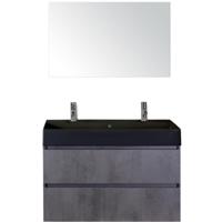Maxx XL Badmeubelset 100 cm - Beton Antraciet - Wastafel Kube Zwart 2 Kraangaten met Spiegel