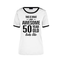 Awesome 50 year / 50 jaar wit/zwart ringer cadeau t-shirt voor dames - Sarah