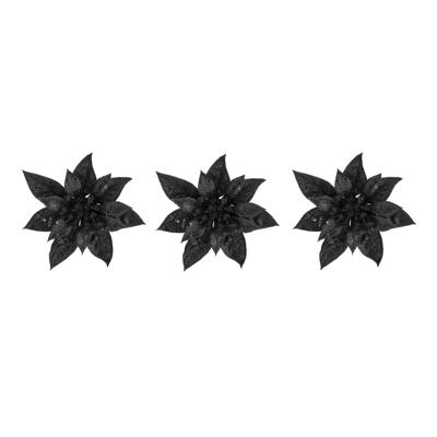 Decoratie bloem - 4x stuks - kerstster - op clip - zwart - glitter -15 cm - kunststof - kerstversier