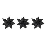 Decoratie bloem - 4x stuks - kerstster - op clip - zwart - glitter -15 cm - kunststof - kerstversier