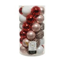 Decoris kerstballen - 37x st - lichtroze/rood/wit - 6 cm - kunststof - Kerstbal