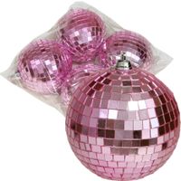 Othmar Decorations disco kerstballen - 4x - roze - 8 cm - kunststof   - - thumbnail