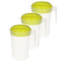 Schenkkan/waterkan met deksel - 3x stuks - 1 liter - groen/ transparant - kunststof