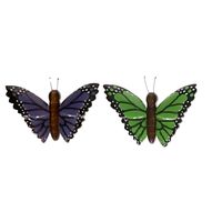 2x Houten dieren magneten groene en paarse vlinder - thumbnail