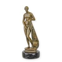 A BRONZE SCULPTURE OF A WOMAN STANDING AGAINST A COLUMN