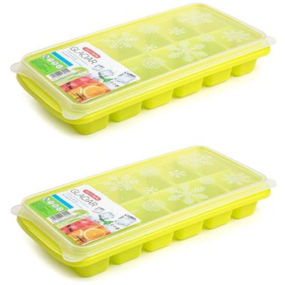 Tray met ijsblokjes - 2x - ijsklontjes vormpjes - 12 vakjes - kunststof - wit met deksel - groen