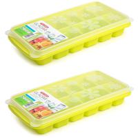 Tray met ijsblokjes - 2x - ijsklontjes vormpjes - 12 vakjes - kunststof - wit met deksel - groen