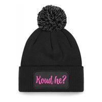 Wintersport muts met pompom - Koud He - zwart - roze glitters - one size - volwassenen - Apres ski