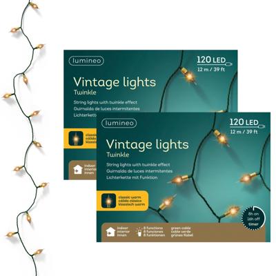 Kerstverlichting - 2x - 120 vintage led lampjes- 1190 cm - 8 functies - groen snoer