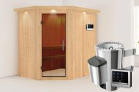 Karibu | Saja Sauna met Dakkraag | Antracietglas | Biokachel 3,6 kW Externe Bediening - thumbnail