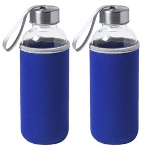 4x Stuks glazen waterfles/drinkfles met blauwe softshell bescherm hoes 420 ml