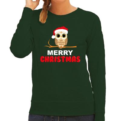 Bellatio Decorations leuke dieren Kersttrui - voor dames - Christmas uil - sweater - groen