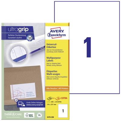 Avery-Zweckform 3478-200 210 x 297 mm Papier Wit 200 stuk(s) Permanent hechtend Universele etiketten 200 vel DIN A4