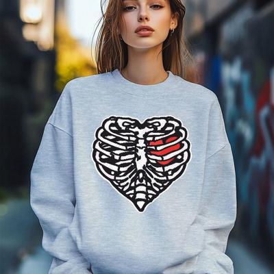 Bon&Bon Women's Heart & Skull Print Sweatshirt - Loose Crew Neck Pullover Grey / S