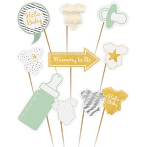 Babyshower foto prop set - 20-delig - groen/goud - rompertje/flesje - photo booth accessoires