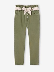 Paperbag broek voor meisjes met sjaal-riem met bloemen groen