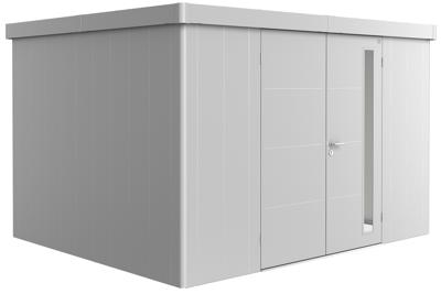 Biohort Metalen tuinhuis Neo - Dubbele deur - Zilver - 3D (348x292 cm)- Plat dak- Metaal- Biohort