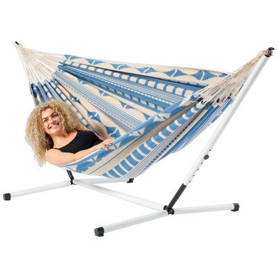 Eenpersoons hangmat met metalen standaard - 300x140cm - Blauw - 120kg draagkracht- 100% katoen - binnen & buiten