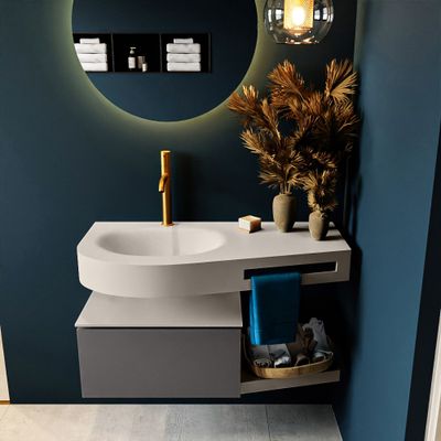 MONDIAZ RIVA 100cm badmeubel onderkast / planchet kleur Dark_Grey met 1 lade. Wastafel DULCET links 1 kraangat kleur Linen. MONDIAZ RIVA 100cm badmeubel onderkast / planchet kleur Dark_Grey met 1 lade. Wastafel DULCET links 1 kraangat kleur Linen.