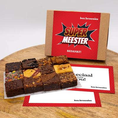 Bedankt Meester Mini's Box - 12 Brownies Per Post - Brievenbus Pakket - 12 smaken - Meester Cadeau - Bedankt Meester - Bedankt cadeau - Super Meester