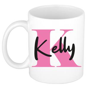 Naam mok Kelly - roze - wit - keramiek - 300 ml - verjaardag/cadeau beker