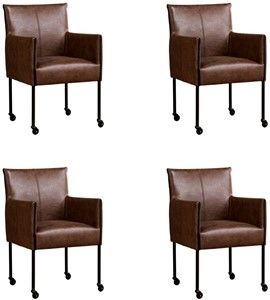 Set van 4 Bruine leren moderne kuipstoel More - poot rond zwart met wiel - Vintage Leer Brown (bruin leer)