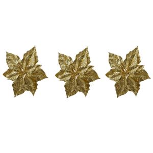 6x stuks decoratie bloemen kerstster goud glitter op clip 23 cm