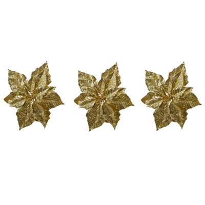 6x stuks decoratie bloemen kerstster goud glitter op clip 23 cm