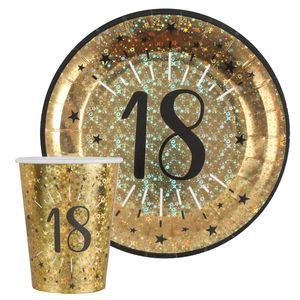 Verjaardag feest bekertjes en bordjes leeftijd - 40x - 18 jaar - goud - karton - Feestpakketten