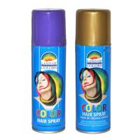 Carnaval verkleed haarverf - haarspray - kleuren goud en paars - 111 ml per flacon