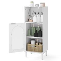 Badkamerkast Badschrank Smal met Open Vak & Glazen Deur Badkommode Hout met Verstelbare Plank 35 x 30 x 90 cm Wit