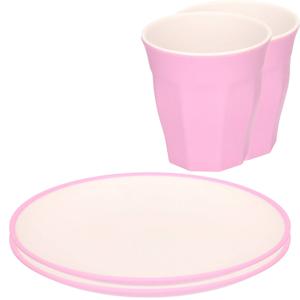 Set van 12x onbreekbare kunststof/melamine roze ontbijt bordjes/bekers - Campingborden