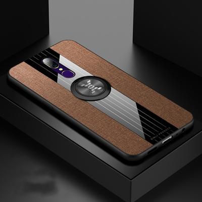 Voor OPPO A9 XINLI stiksels doek Textue schokbestendig TPU beschermhoes met ring houder (bruin)