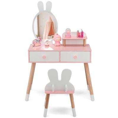 Kinderen Kaptafel en Stoel 2-In-1 Prinses Make-up Dressoir Bureau met Spiegel 2 Laden & Opbergplank Schattig Konijn Roze en Wit