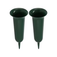 Grafvaas kunststof - 2x - groen - H37 cm - grafdecoratie - bloemenvaas voor herdenkingsplaats
