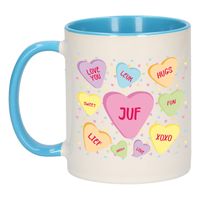 Cadeau koffiemok voor juf/lerares - hartjes snoepjes - blauw - verjaardag kado - mok met tekst