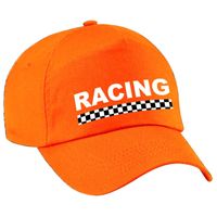 Racing / finish vlag verkleed pet oranje voor volwassenen - thumbnail