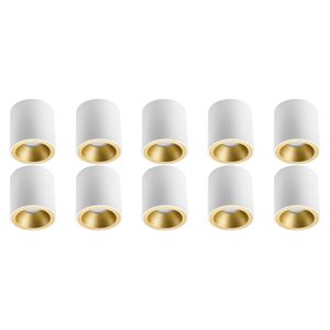 Opbouwspot 10 Pack - Pragmi Cliron Pro - GU10 Fitting - Opbouw Rond - Mat Wit/Goud - Aluminium - Verdiept - Ø90mm