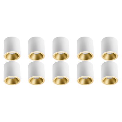 Opbouwspot 10 Pack - Pragmi Cliron Pro - GU10 Fitting - Opbouw Rond - Mat Wit/Goud - Aluminium - Verdiept - Ø90mm