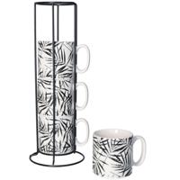 Koffiemokken Botanic - 4x stuks in rekje - Keramiek - zwart - 240 ml - 7 x 8 cm