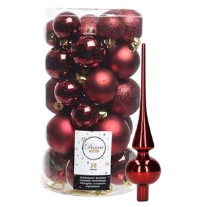 Decoris kerstballen 30x stuks - donkerrood 4/5/6 cm kunststof mat/glans/glitter mix en piek