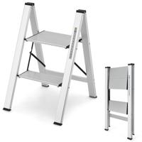 Trapladder 2 Treden Aluminium Vouwladder tot 150 kg Ladder Opstapkruk Huishoudladder voor Thuis/Kantoor Garage Zilver