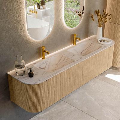 Badmeubel Mondiaz Kurve-Dlux | 180 cm | Meubelkleur Oak | Wastafelkleur Nata | Solid surface | Wasbak beide zijden spoelbak | 2 kraangaten