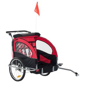 HOMCOM kinderaanhanger fietskar kinderfietskar voor 2 kinderen met vlag regenbescherming ademend Oxford stof staal rood 155 x 88 x 108 cm