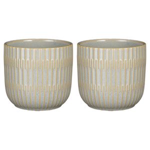 2x Stuks Plantenpot/bloempot keramiek lichtgrijs stripes patroon - D12.5/H11 cm