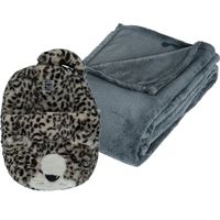 Fleece deken blauwgrijs 125 x 150 cm met voetenwarmer slof cheetah one size - thumbnail