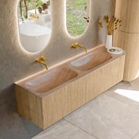 Badmeubel Mondiaz Kurve-Dlux | 165 cm | Meubelkleur Oak | Wastafelkleur Saba | Solid surface | Dubbel / Links spoelbak | Zonder kraangat(en)