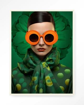 Urban Cotton Wandkleed 'Green Flower' 110 x 145cm in Floating Frame - off white
